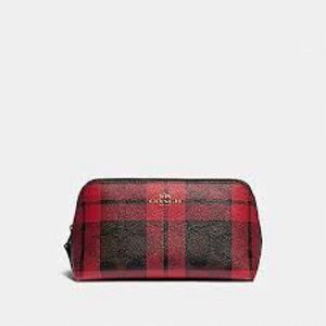 Coach Cosmetic Case in Signature Canvas in Field Plaid Print with Brown Red